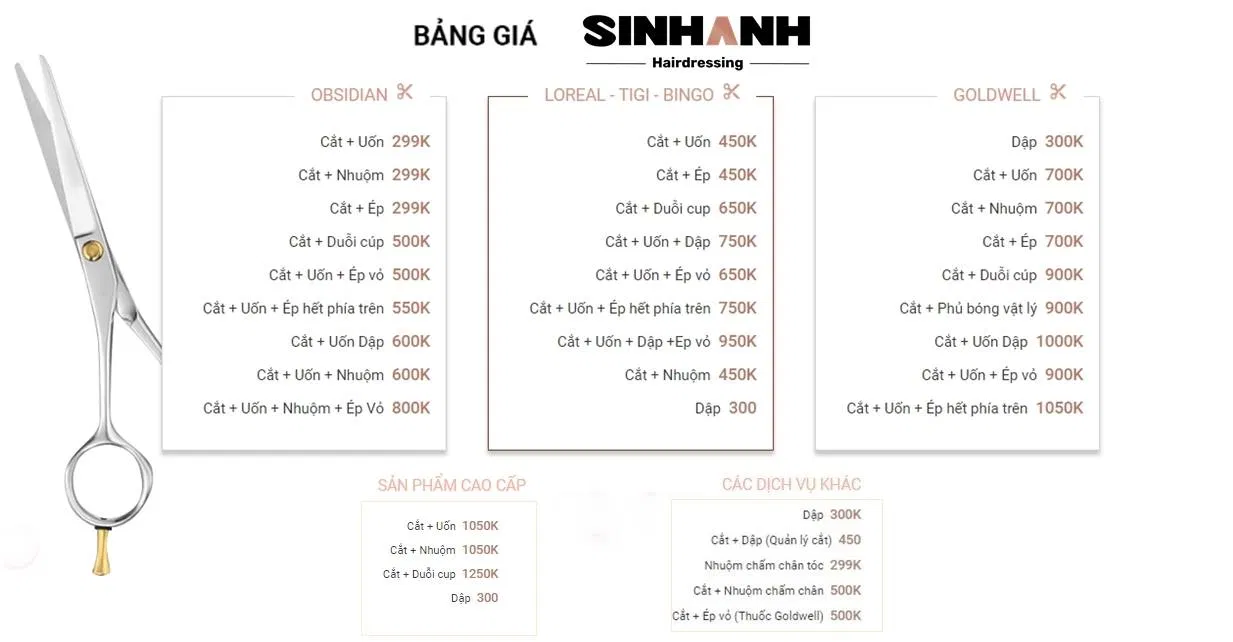 Bảng giá dịch vụ tại Shin Anh Hair Salon. (Nguồn: Shin Anh Hair Salon)
