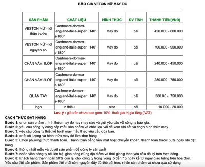 Bảng giá của May đồng phục Việt Anh (Ảnh BlogAnChoi)