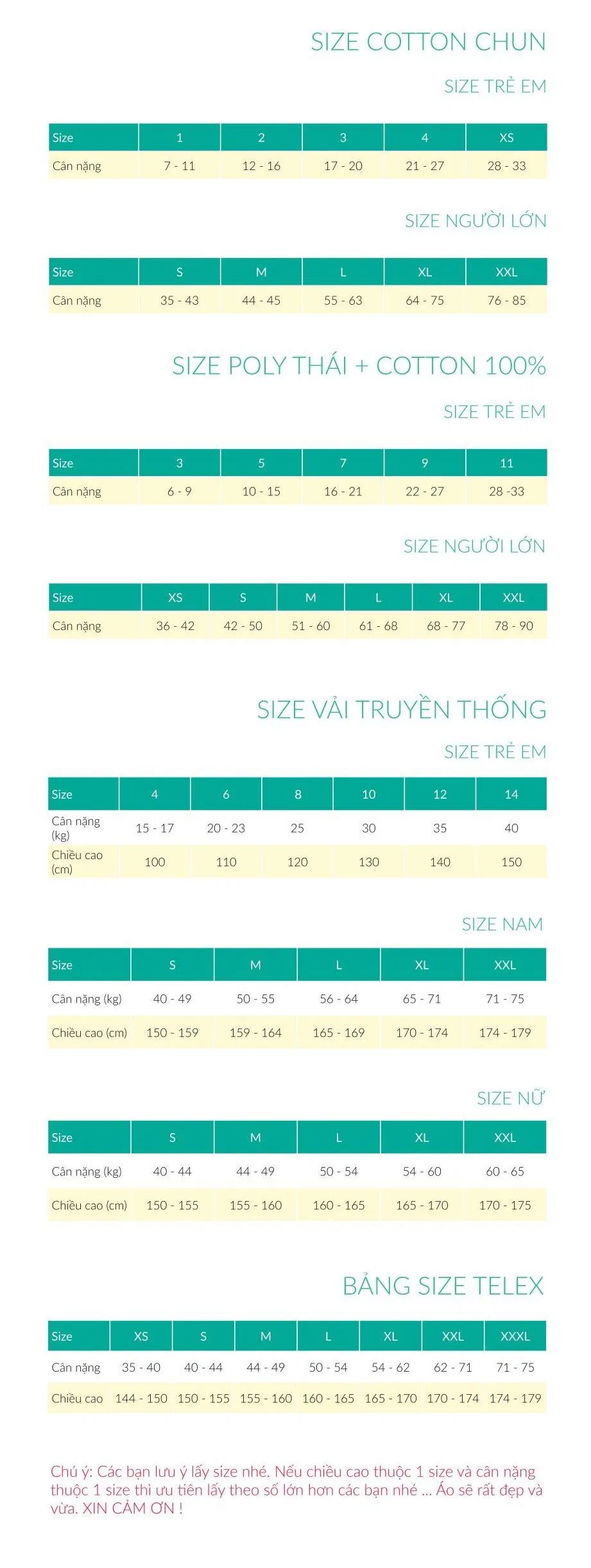 Bảng size áo của Hải Anh Uniform (Ảnh Hải Anh Uniform)