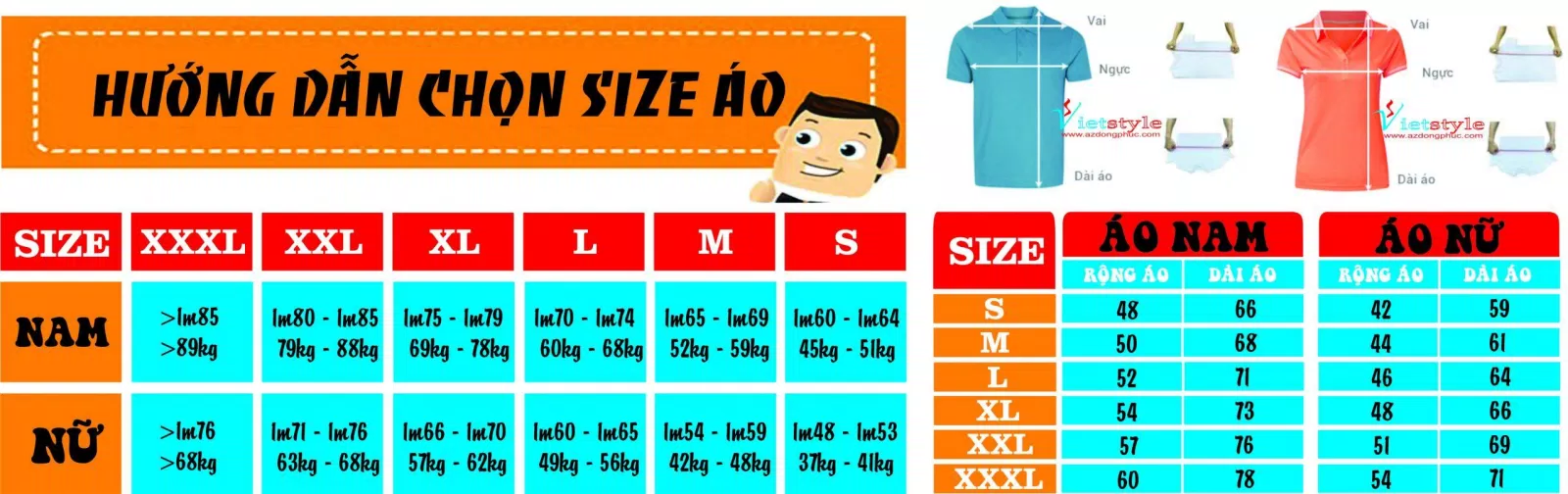 Bảng size áo của Công Ty May Mặc Đồng Phục Viet Style (Ảnh Viet Style)