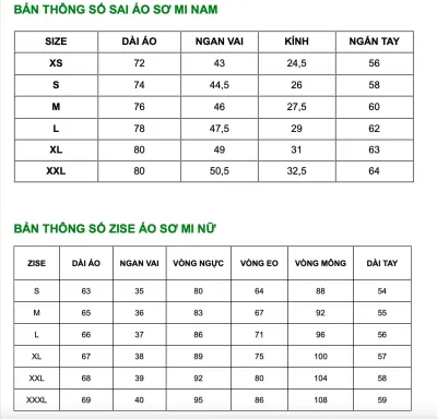 Bảng size của May đồng phục Việt Anh (Ảnh BlogAnChoi)
