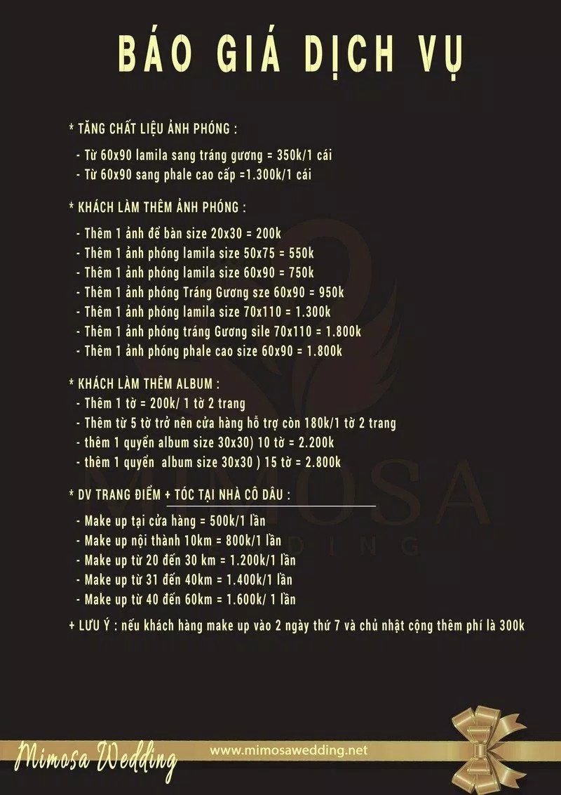 Các gói dịch vụ của Mimosa Wedding Studio (Ảnh Internet) Các gói dịch vụ của Mimosa Wedding Studio (Ảnh Internet)