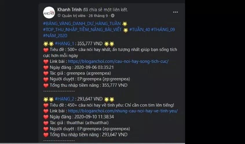Thu nhập "khủng" cho một bài viết đầu tư. (Ảnh: BlogAnChoi)
