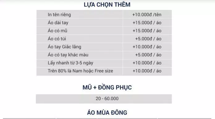 Bảng giá áo của Đồng phục Bốn Mùa (Ảnh BlogAnChoi)