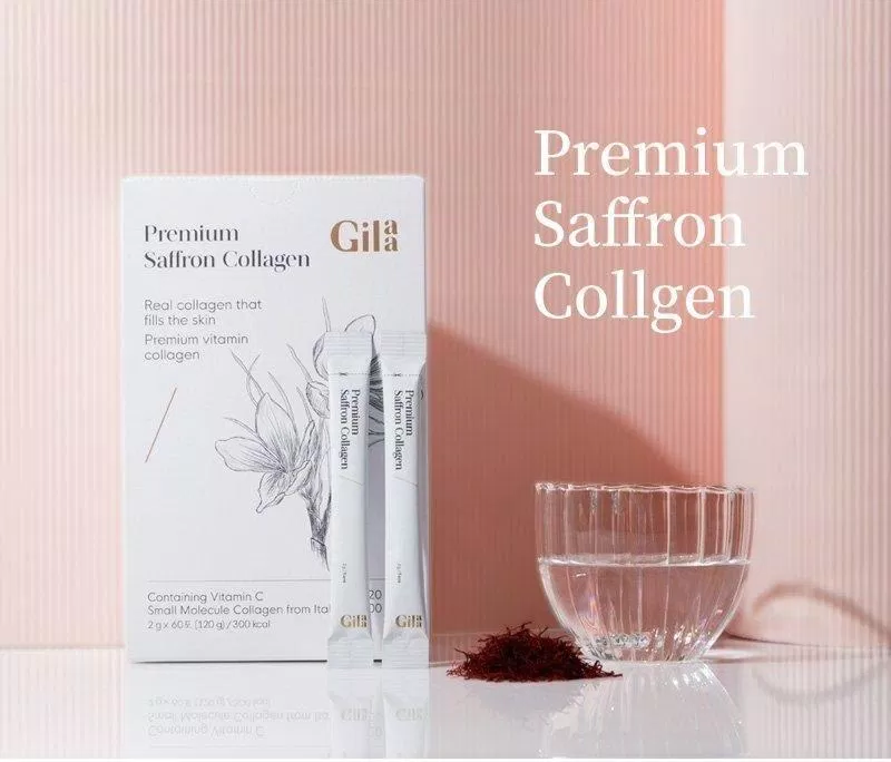 Gilaa Premium Saffron Collagen là dạng bột uống collagen thế hệ mới có công thức kết hợp giữa 2 thành phần chống lão hóa da đỉnh cao là Collagen và Saffron. (Nguồn: Internet)