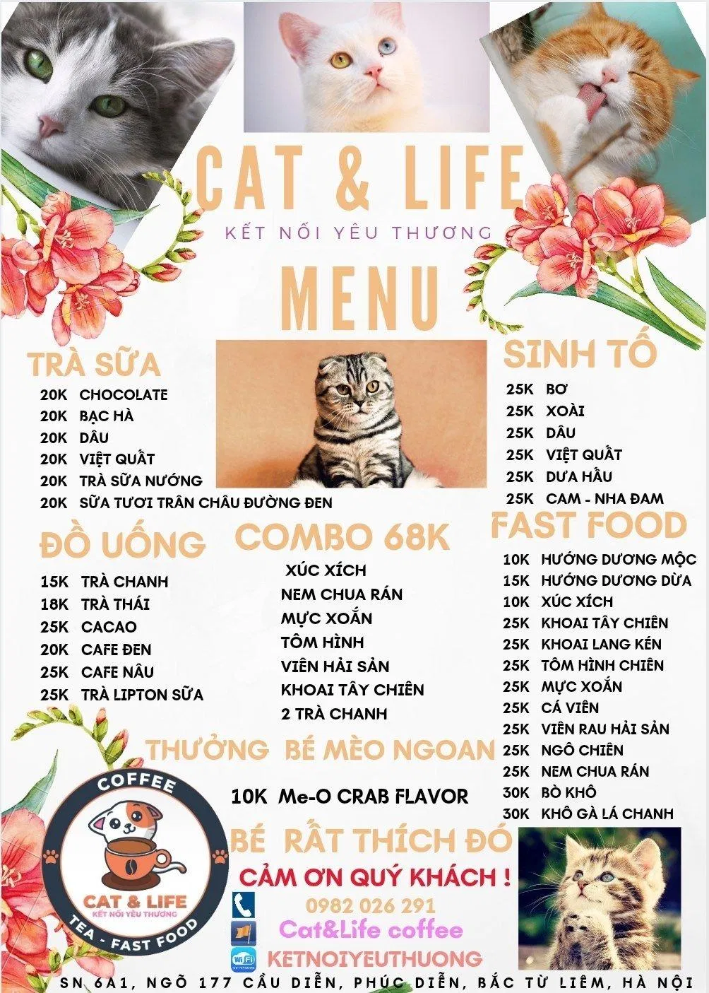Menu của quán (Ảnh: Facebook Cat & Life Coffee)