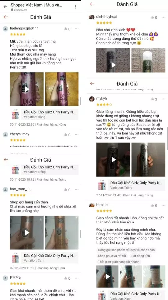 Khách hàng trên shopee phản hồi dầu gội khô Girlz Only giúp mà sạch, lưu thương lâu. ( Nguồn: internet)
