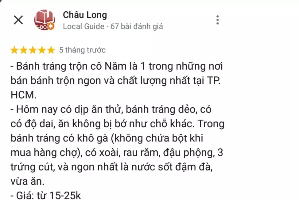 Đánh giá của khách về quán bánh tráng trộn Cô Năm (ảnh: BlogAnChoi)