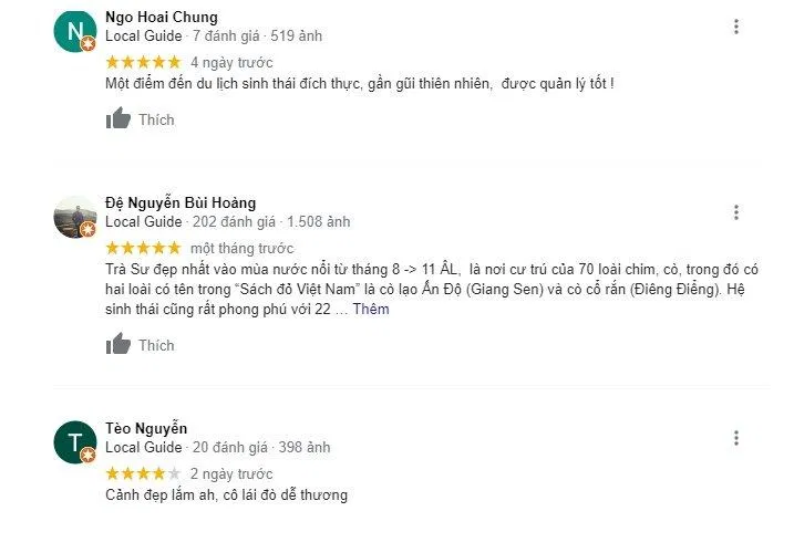 Đánh giá của du khách về Rừng tràm Trà Sư (Nguồn: Internet)