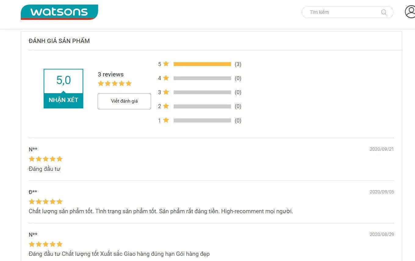 Đánh giá của người dùng trên Watsons (Nguồn: BlogAnChoi) Đánh giá của người dùng trên Watsons (Nguồn: BlogAnChoi)