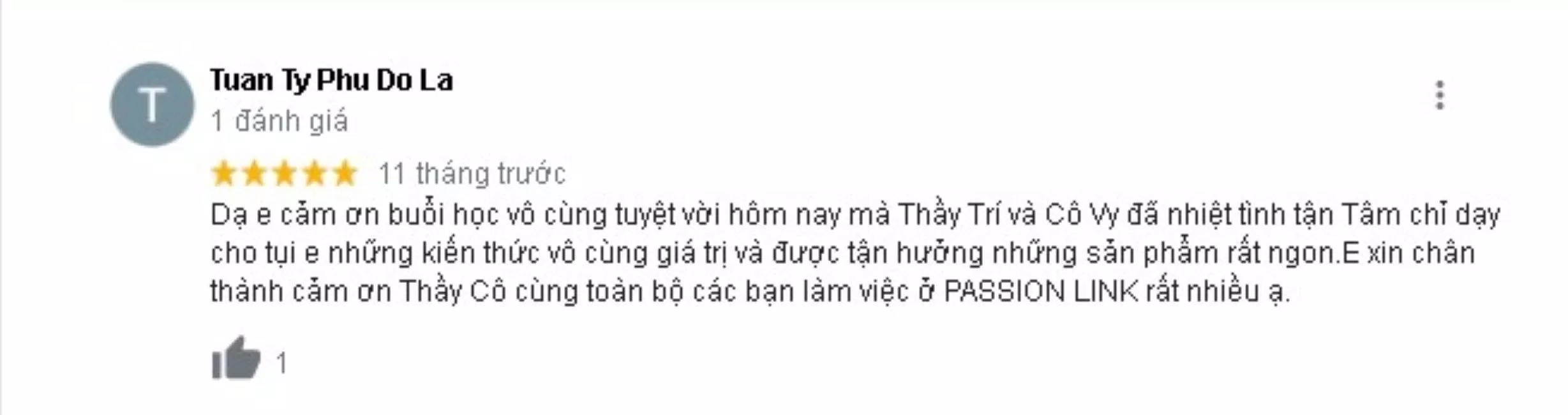 Đánh giá của khách hàng về Trung tâm dạy pha chế Passion Link. (Nguồn: BlogAnChoi)