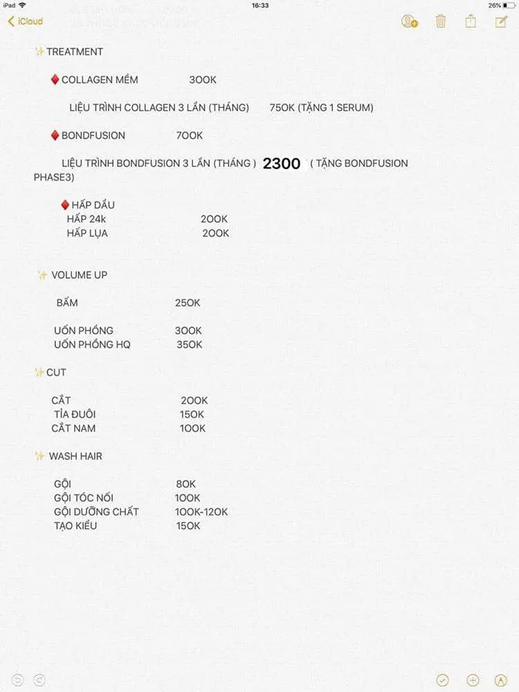 Bảng giá dịch vụ tại Gác Mini Hair Spa. (Nguồn: Gác Mini)