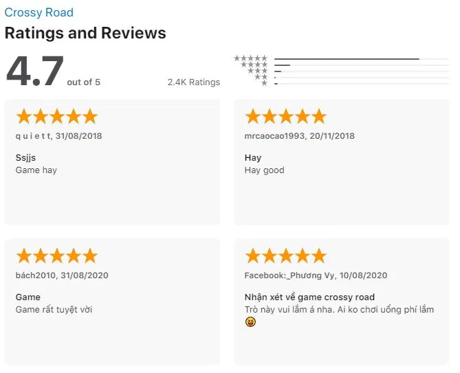 Đánh giá game Cross Road 2 từ người dùng iOS. Nguồn: BlogAnChoi