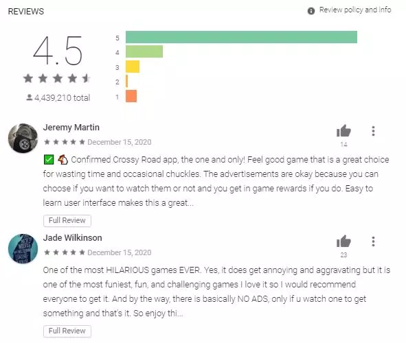 Đánh giá game Cross Road 2 từ người dùng Android . Nguồn:  TinhVe