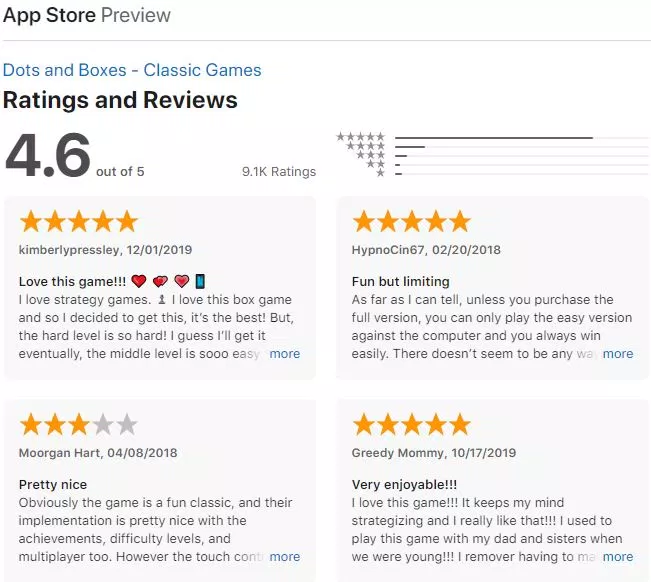 Đánh giá game Dots and Boxes trên App Store. Nguồn:  TinhVe