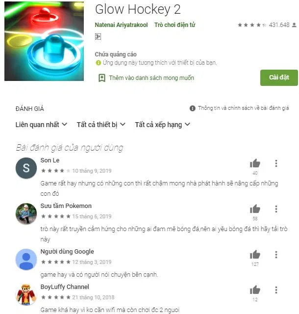 Đánh giá game Glow Hockey 2 trên Google Play. Nguồn: BlogAnChoi