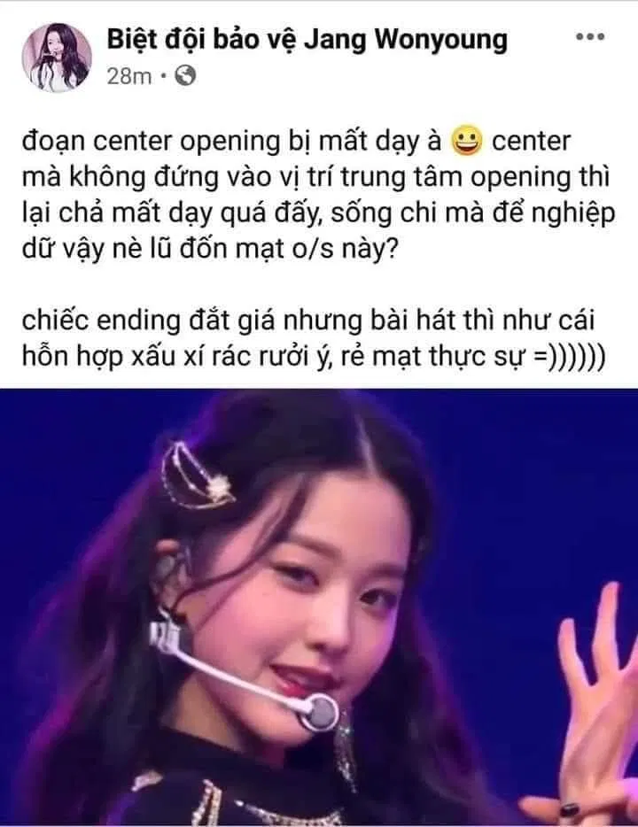 Fanpage lớn nhất nhì fandom Việt Nam của Jang Wonyoung đã đã giận dữ chỉ trích, mạt sát Miyawaki Sakura vì cô nàng đã chiếm vị trí center đoạn mở đầu của "Paronama". (Nguồn: Internet) Fanpage lớn nhất nhì fandom Việt Nam của Jang Wonyoung đã đã giận dữ chỉ trích, mạt sát Miyawaki Sakura vì cô nàng đã chiếm vị trí center đoạn mở đầu của "Paronama". (Nguồn: Internet)
