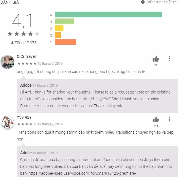 Đánh giá ứng dụng Adobe Premiere Rush trên Google Play. Nguồn: BlogAnChoi