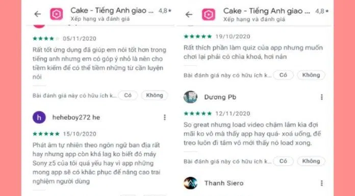 Phản hồi tính cực về app Cake của người dùng (Nguồn: Internet)