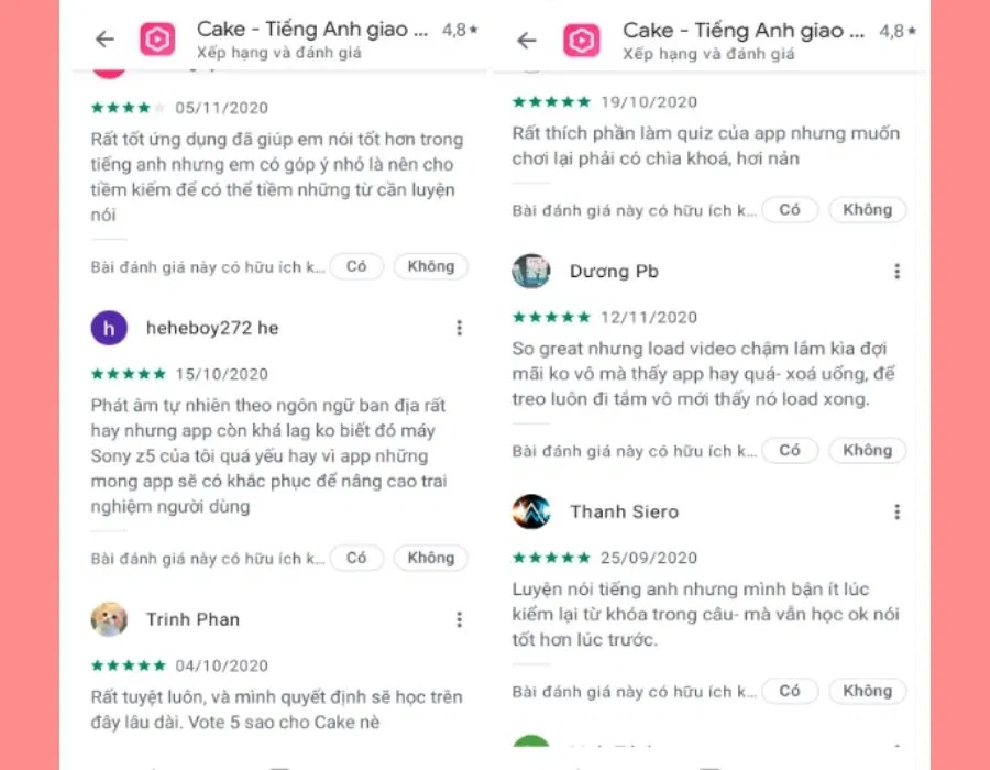 Phản hồi tính cực về app Cake của người dùng (Nguồn: Internet)