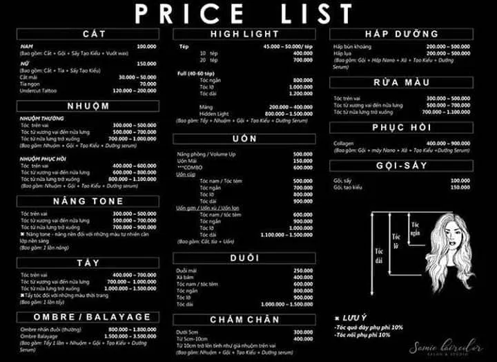 Bảng giá dịch vụ tại Samie Hair Color Salon. (Nguồn: Samie Salon)