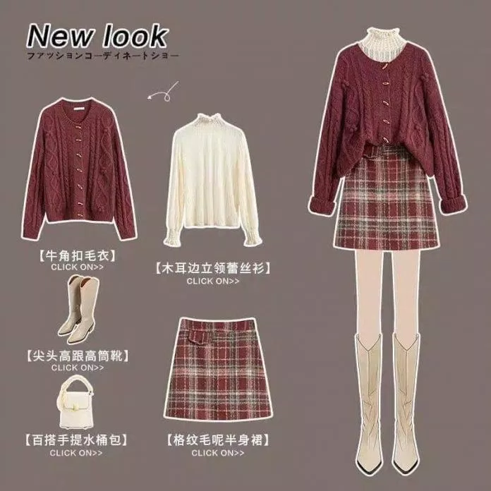 Áo Cardigan đỏ khoác ngoài áo kiểu mix cùng chân váy caro đỏ (nguồn: Internet)