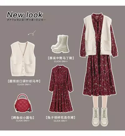 Áo Gile len mix cùng váy họa tiết dáng dài (Nguồn: Internet)
