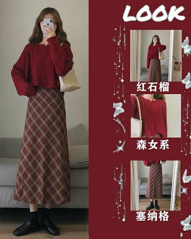 Áo len mix cùng chân váy suông dài nữ tính (Nguồn: Internet)