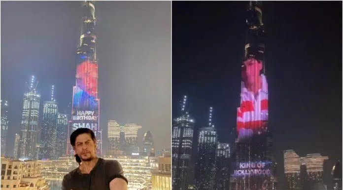 Shahrukh Khan chụp ảnh với dự án mừng sinh nhật của mình tại Burj Khalifa (Ảnh: Internet)