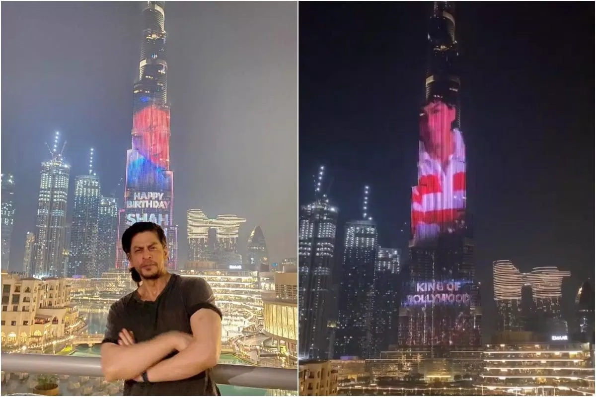 Shahrukh Khan chụp ảnh với dự án mừng sinh nhật của mình tại Burj Khalifa (Ảnh: Internet)