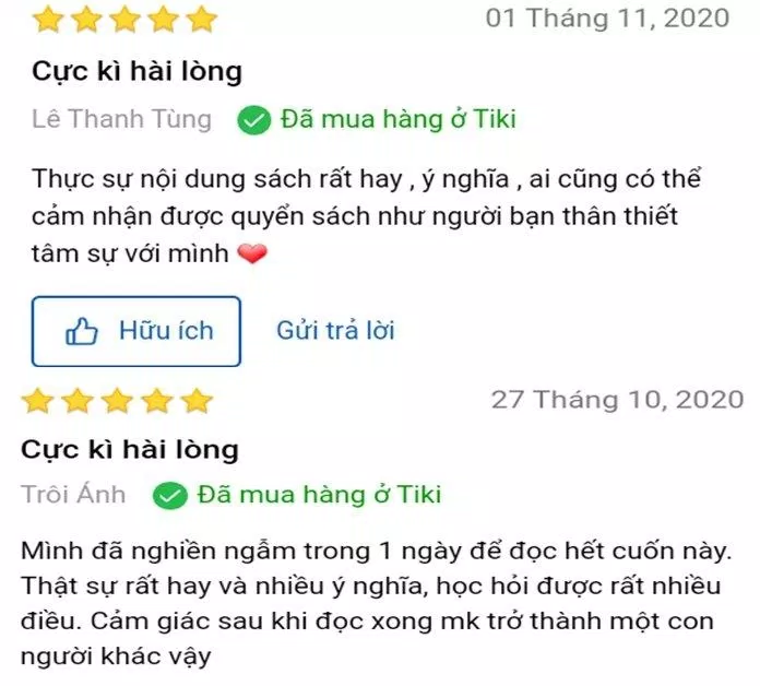 Đánh giá của độc giả Lê Thanh Tùng và Trôi Ánh trên Tiki (Nguồn:  TinhVe)