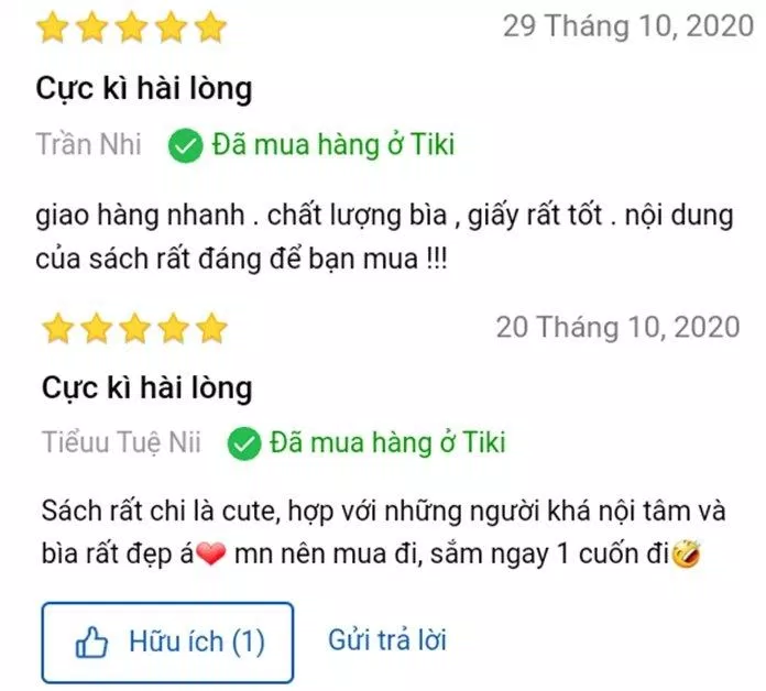 Đánh giá của độc giả Trần Nhi và Tiểuu Tuệ Nii trên Tiki (Nguồn:  TinhVe)