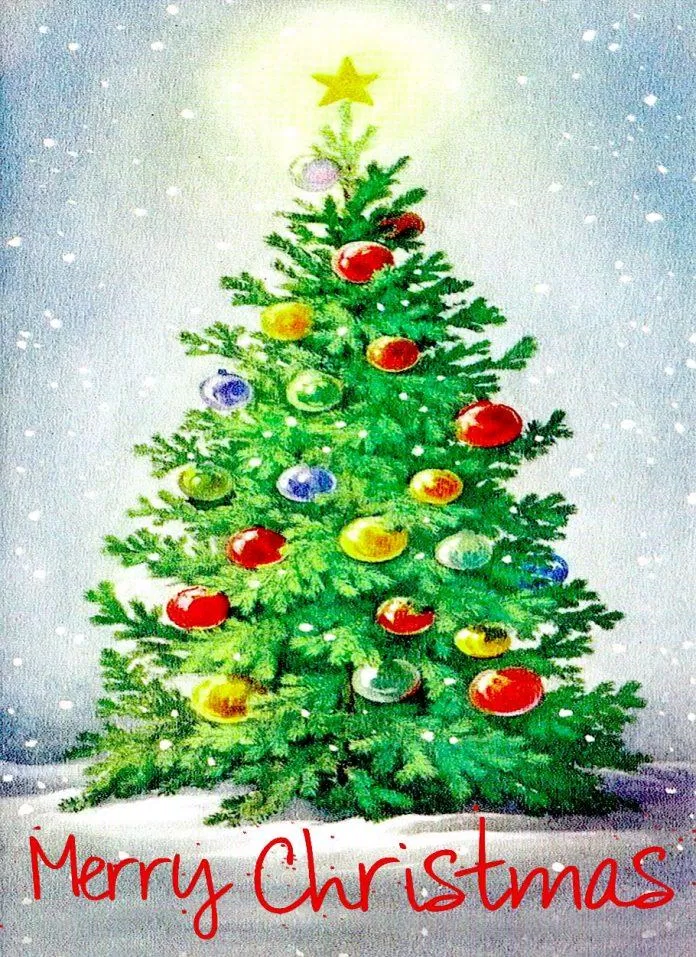 Thiệp Giáng Sinh hình cây thông Noel rực rỡ mang đến ánh sáng của hy vọng và may mắn. (Ảnh: Internet)