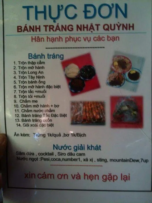 Thực đơn đa dạng của quán bánh tráng trộn Nhật Quỳnh (ảnh: internet)