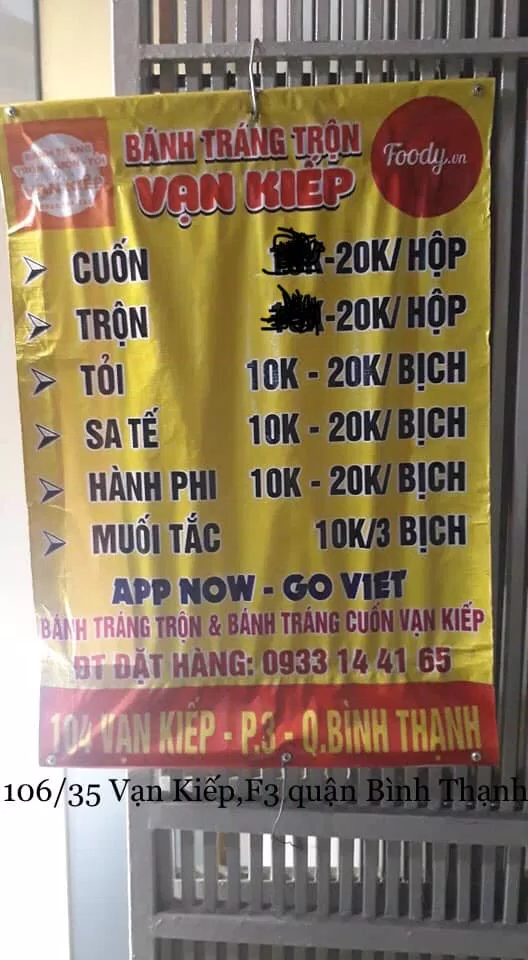 Thực đơn của quán bánh tráng trộn Vạn Kiếp (ảnh: internet)