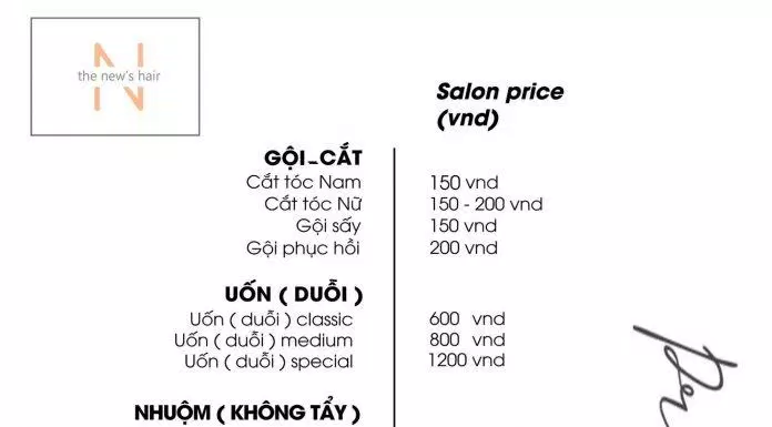 Bảng giá các dịch vụ ở Hồ Anh Hair Salon( Nguồn: Hồ Anh Hair Salon)