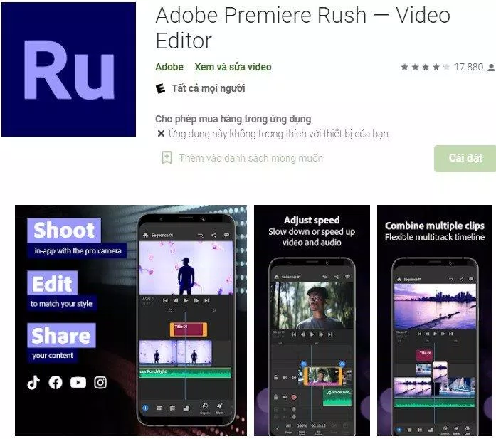 Giao diện ứng dụng Adobe Premiere Rush trên Google Play. Nguồn: Internet