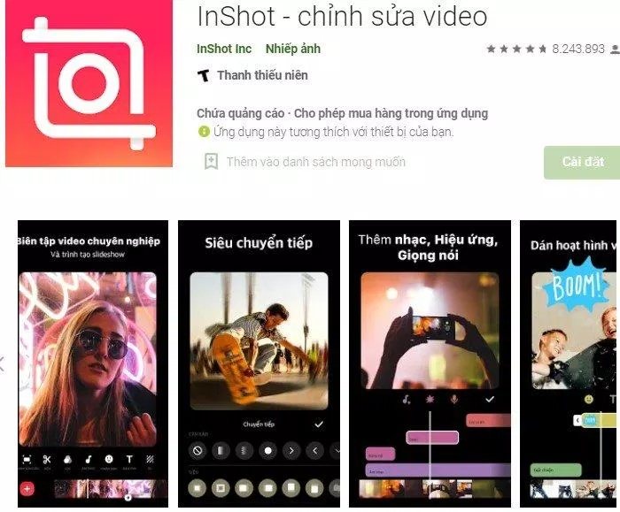 Giao diện ứng dụng InShot trên Google Play. Nguồn: Internet