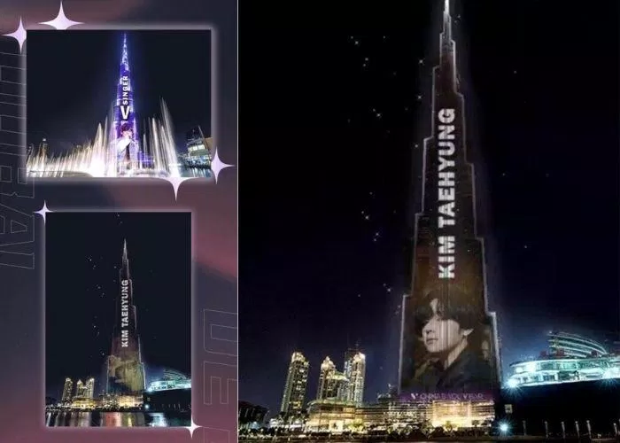 Hình ảnh V xuất hiện trên Burj Khalifa trong dự án của V Bar (Ảnh: Twitter)