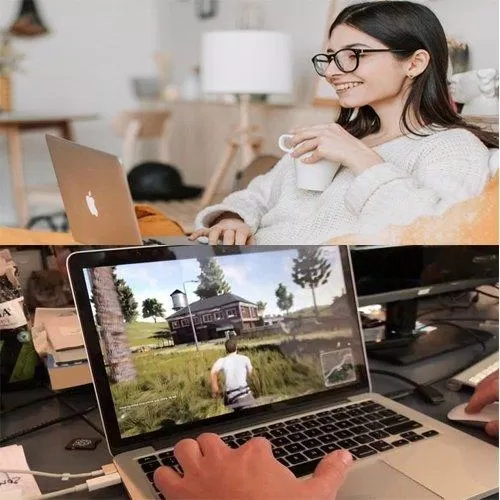 nữ sinh sử dụng máy tính làm máy chiếu phim và các nam sinh sử dụng máy tính làm máy chơi game [Nguồn: Internet].