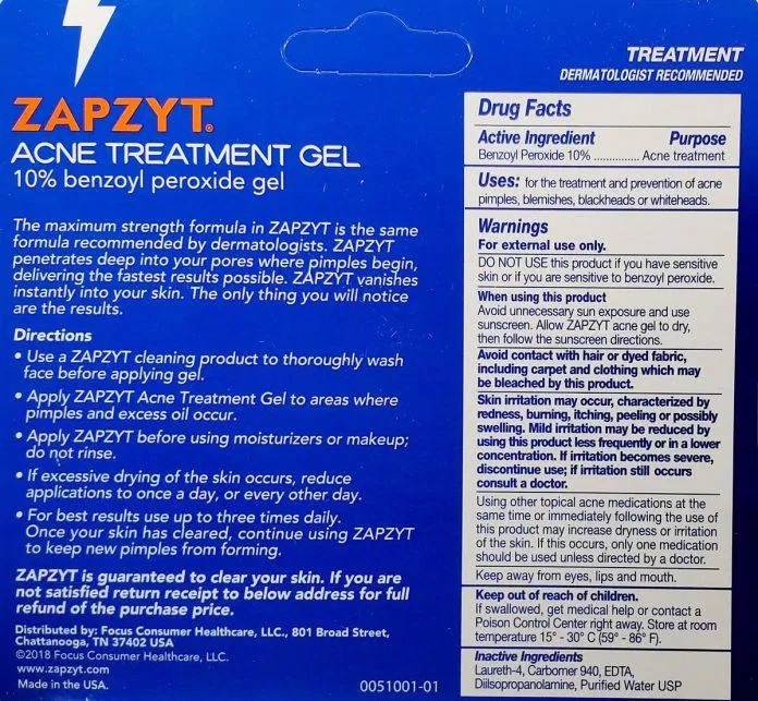 Kem trị mụn Zapzyt Acne Gel chứa 10% Benzoyl Peroxide giúp điều trị mụn. ( Nguồn: internet)