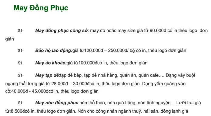 Bảng giá của Đồng phục Lami (Ảnh BlogAnChoi)