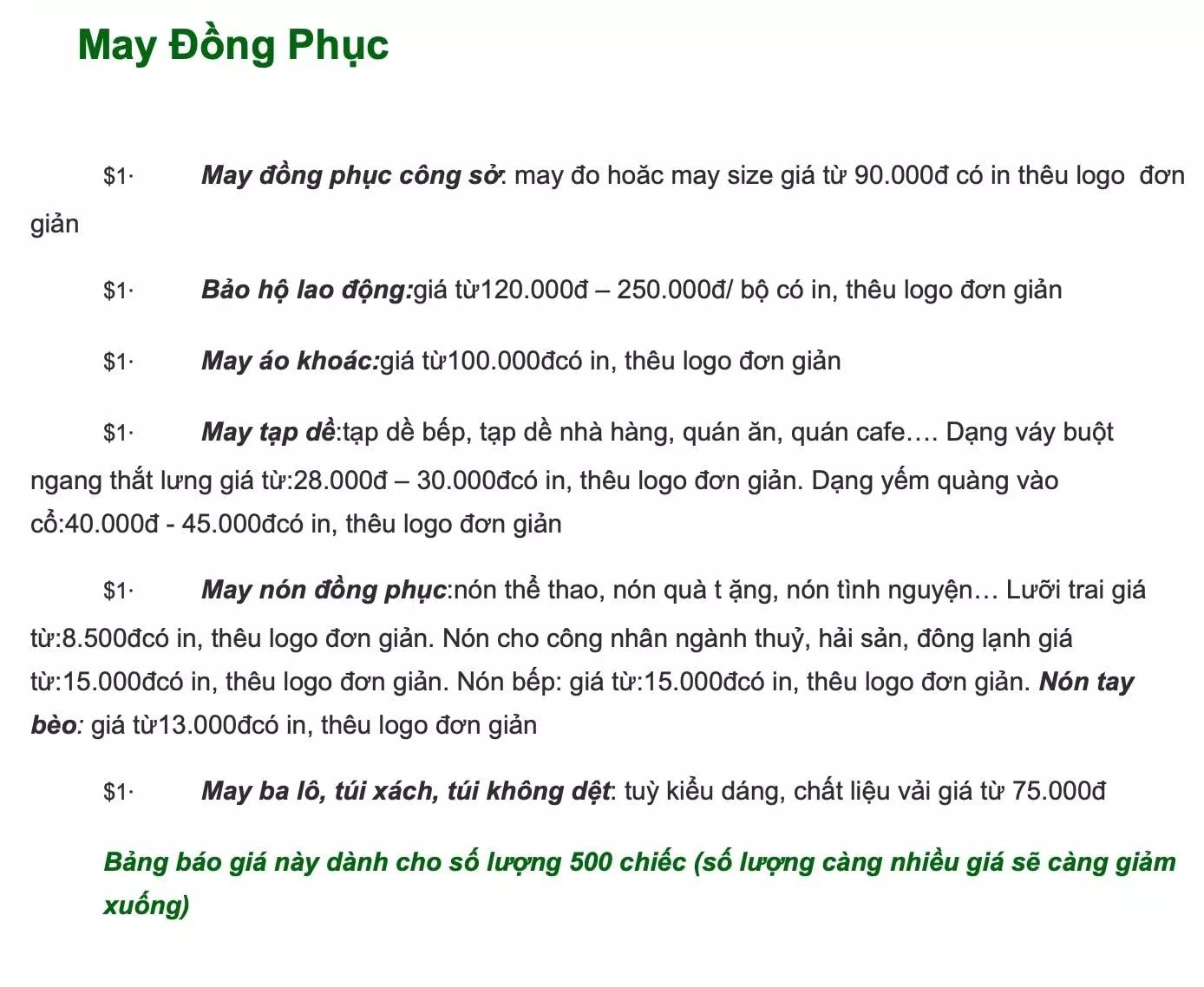 Bảng giá của Đồng phục Lami (Ảnh BlogAnChoi)