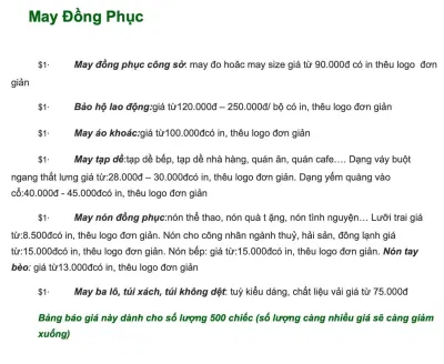 Bảng giá của Đồng phục Lami (Ảnh BlogAnChoi)