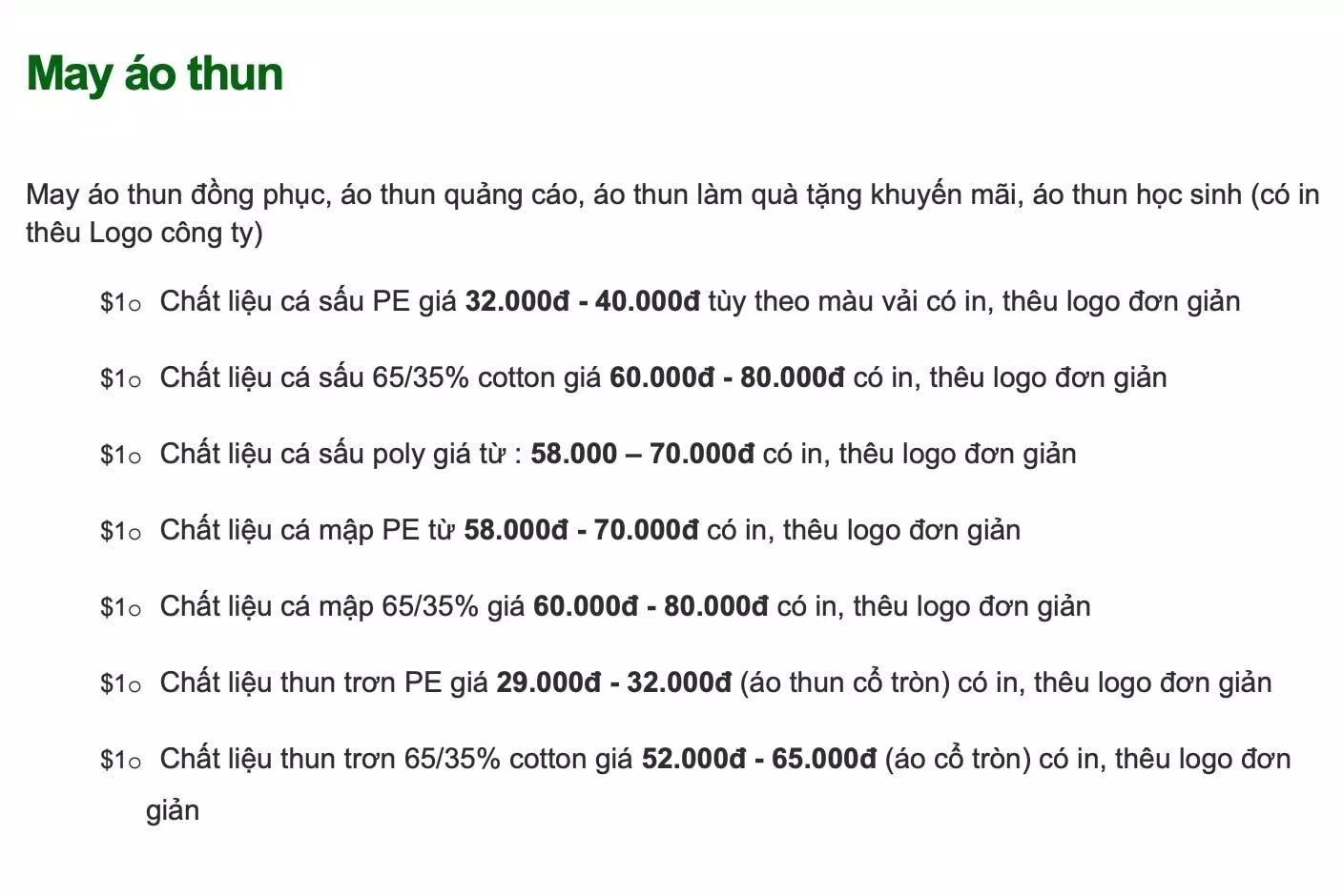 Bảng giá của Đồng phục Lami (Ảnh BlogAnChoi)