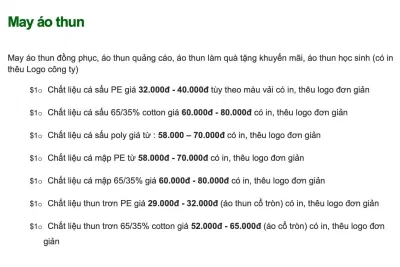 Bảng giá của Đồng phục Lami (Ảnh BlogAnChoi)