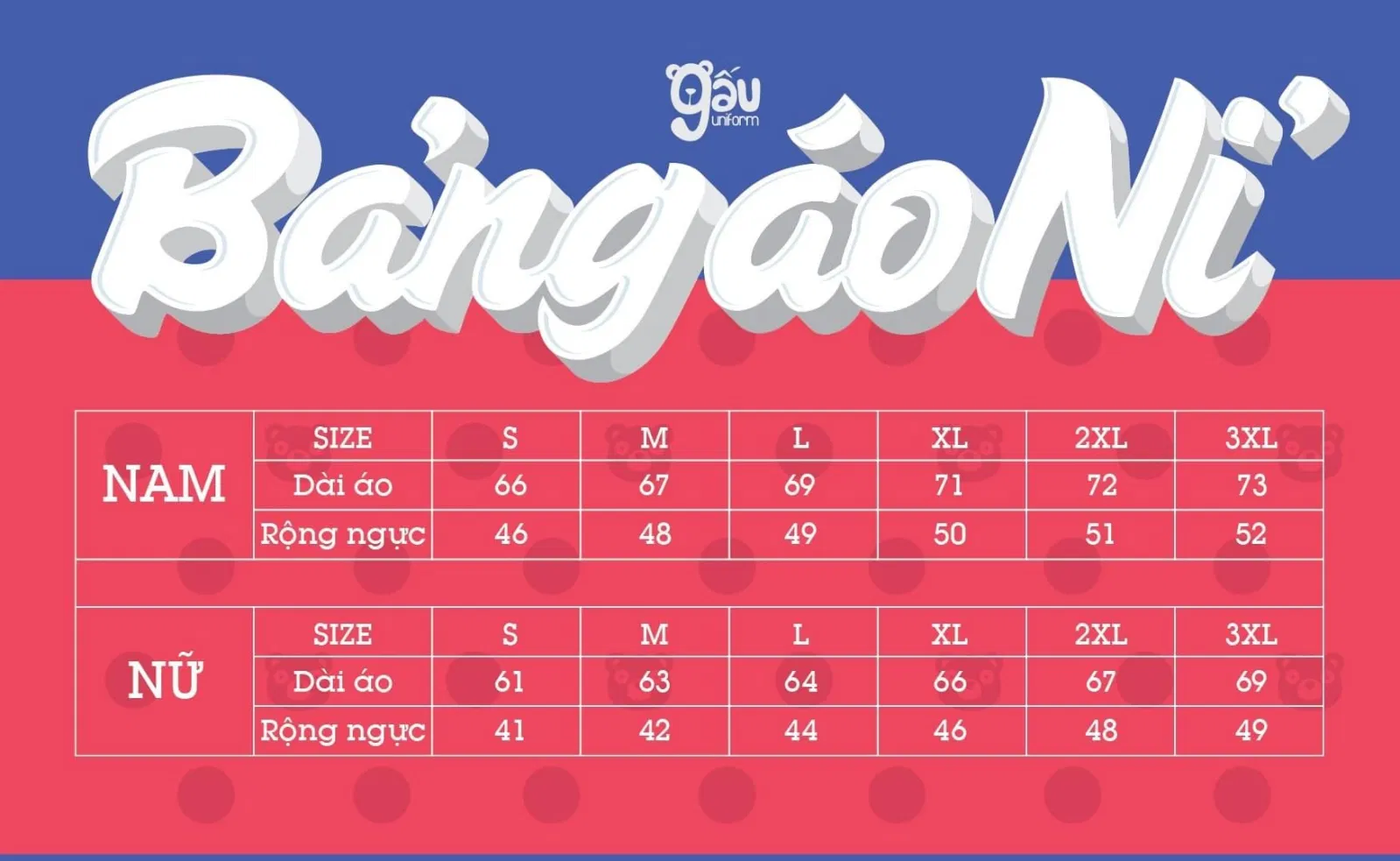 Bảng size áo của Gấu Uniform Hà Nội (Ảnh Gấu Uniform) Bảng size áo của Gấu Uniform Hà Nội (Ảnh Gấu Uniform)