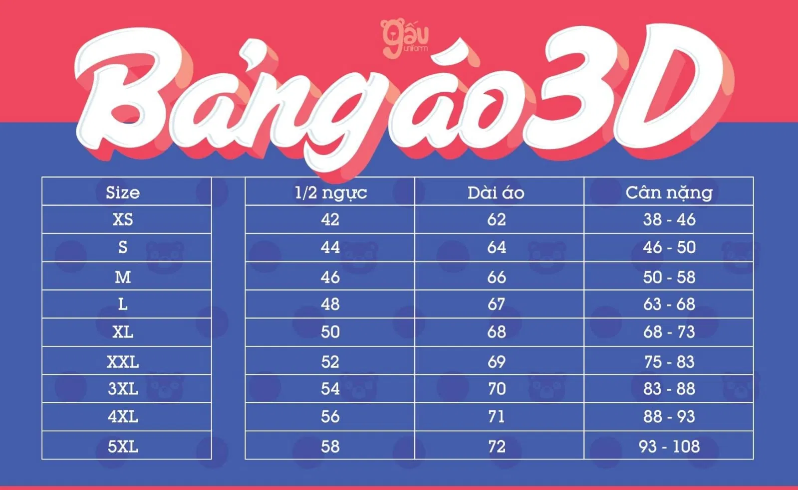 Bảng size áo của Gấu Uniform Hà Nội (Ảnh Gấu Uniform) Bảng size áo của Gấu Uniform Hà Nội (Ảnh Gấu Uniform)