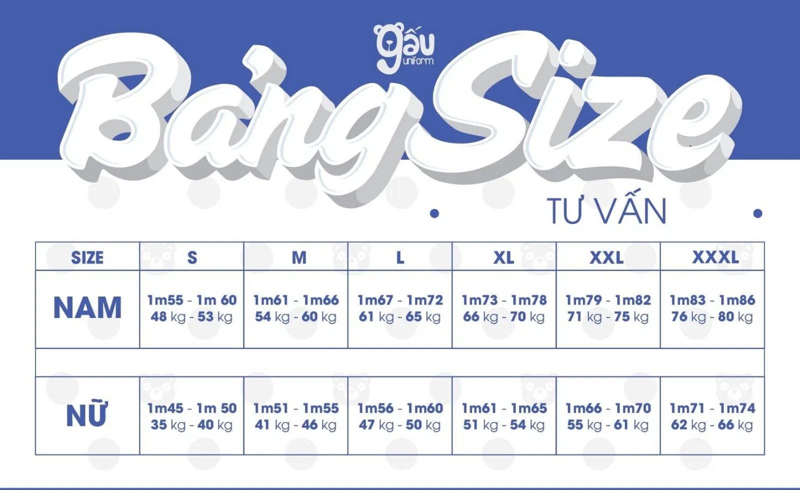 Bảng size áo của Gấu Uniform Hà Nội (Ảnh Gấu Uniform)