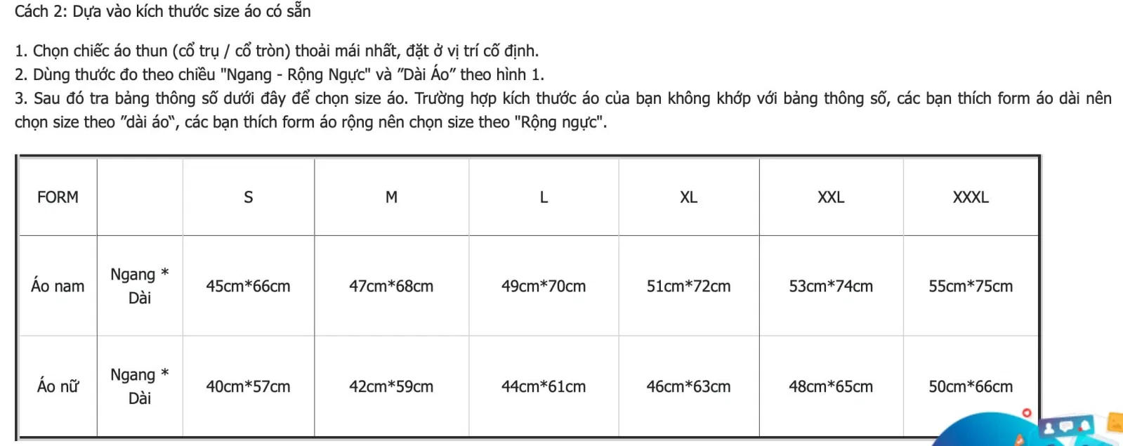 Bảng size của Đồng Phục Zumi Hồ Chí Minh (Ảnh BlogAnChoi)